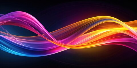 Naklejka premium Abstract background featuring flowing ribbons of pink, orange, yellow, blue, and purple against a dark backdrop , flowing