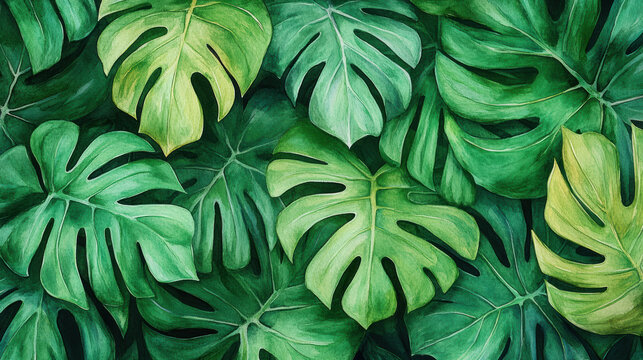 A lush, verdant arrangement of monstera leaves creates a rich, tropical collage, emphasizing the beauty of nature&rsquo;s green hues.