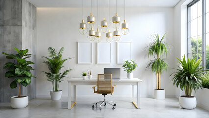 Minimalist office space with white walls, chandelier, green plants, and white photo frame