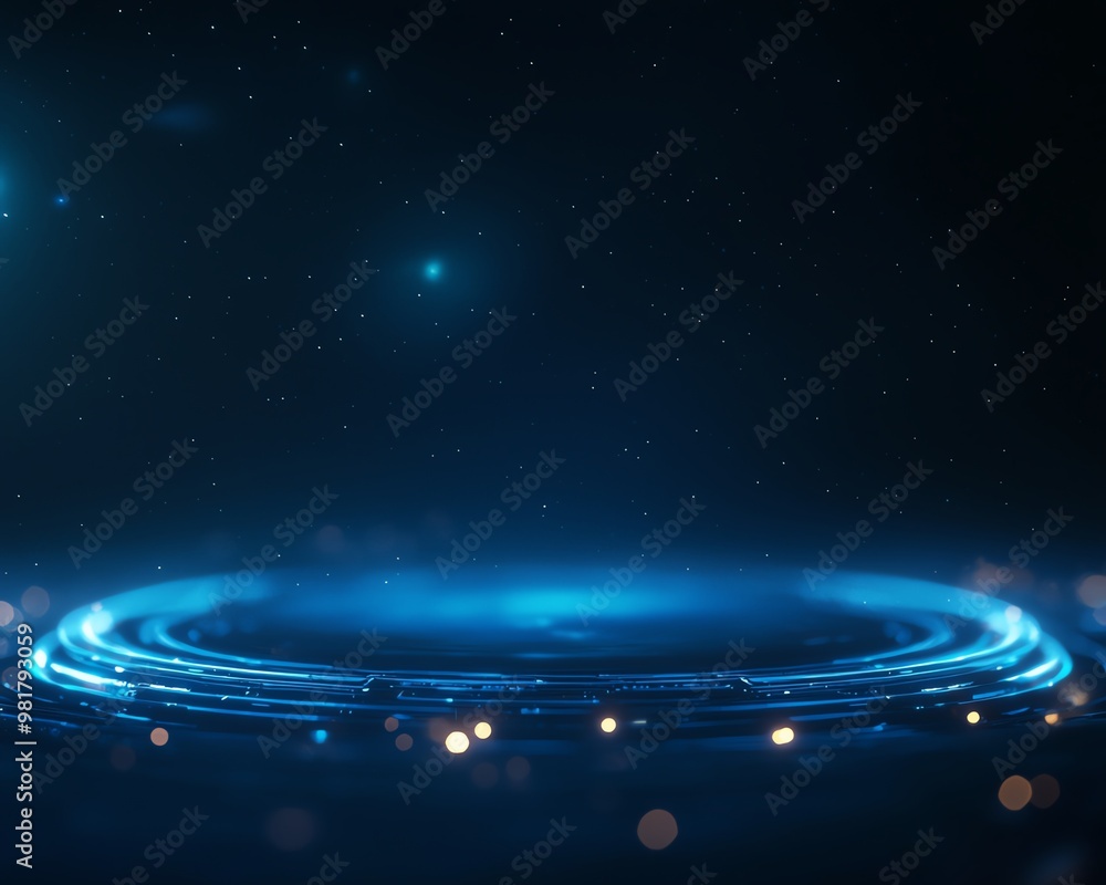 Poster futuristic blue lights circle in a dark space, creating an abstract glowing effect, ideal for techno