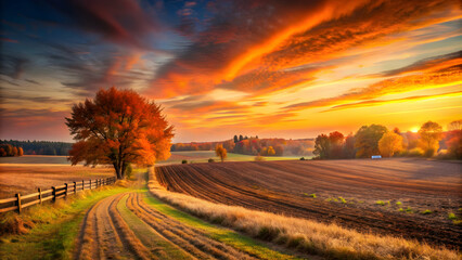 Obraz premium Autumn farm field with orange sky at sunset, Autumn, farm, field, landscape, panorama, sunset, orange sky, fall, trees