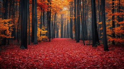 Fototapeta premium Autumn Forest Path with Red Leaves
