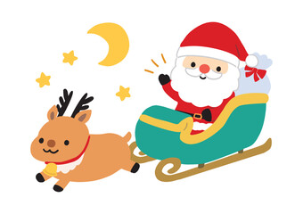 ソリにのるサンタクロースとトナカイのイラスト