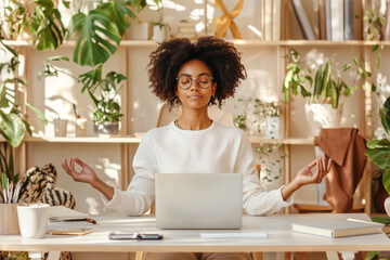 A young woman balances work and relaxation by meditating at her home office desk