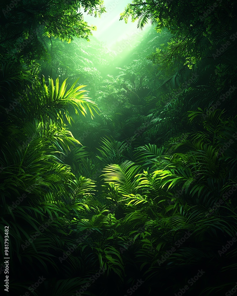 Poster lush green foliage illuminated by soft light, creating a serene and tranquil atmosphere in a dense j