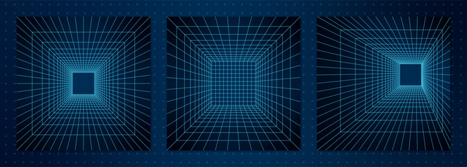 Obraz premium Abstract 3d grid portals with neon lines creating geometric wireframe shapes on dark background. Retro Y2K mesh tunnel design featuring symmetrical patterns in an abstract techno style.