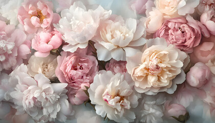 Soft, blooming peonies and roses in pastel shades, adding a delicate and feminine touch