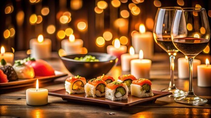 Obraz premium Romantic candlelight dinner with sushi and wine, romantic, candlelight, dinner, sushi, wine, glass, elegant