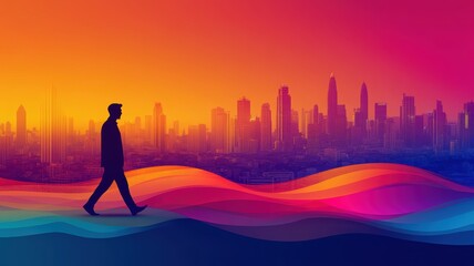 Fototapeta premium A silhouette of a man walking against a vibrant sunset backdrop, merging urban skyline with colorful flowing waves.