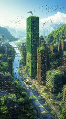 Obraz premium A futuristic city blending nature with architecture, featuring green buildings and renewable energy.