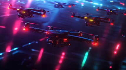 A stunning view of multiple drones flying amidst vibrant neon lights, showcasing modern technology in a futuristic landscape.