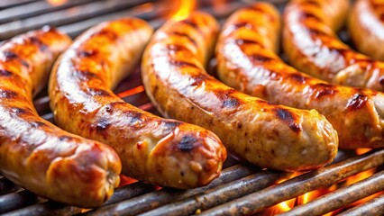 Fototapeta premium Close-up of juicy hot Italian sausage links on a grill, food, grilling, summer, barbecue, fresh, meat, spicy, delicious