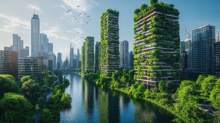 A futuristic cityscape featuring green skyscrapers and a serene river, promoting eco-friendly living.