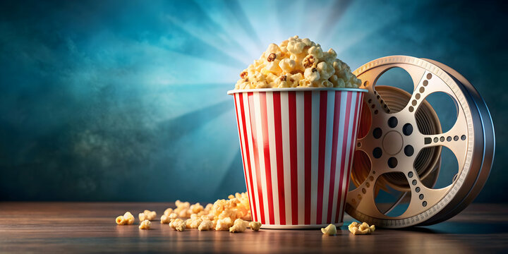 of popcorn bucket with movie tickets and film reel, representing the best films of 2022, popcorn, movie, cinema, theater