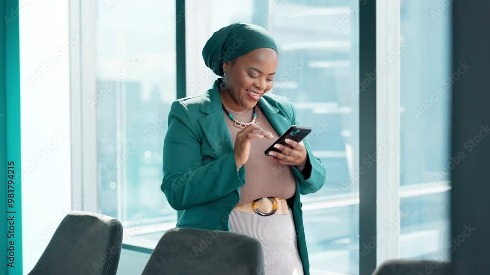 Poster laughing, meme or black woman in office with phone or online connection for text message or social m