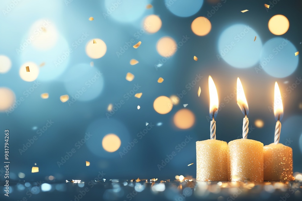 Aufkleber three lit candles against a blue backdrop, creating a warm and festive atmosphere with shimmering bo