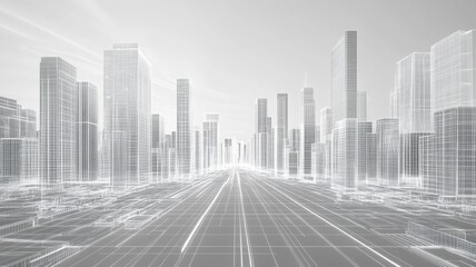 Futuristic city skyline with transparent buildings, showcasing a modern urban landscape and advanced architecture.