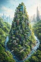 Obraz premium A futuristic cityscape integrated with nature, showcasing buildings covered in greenery.