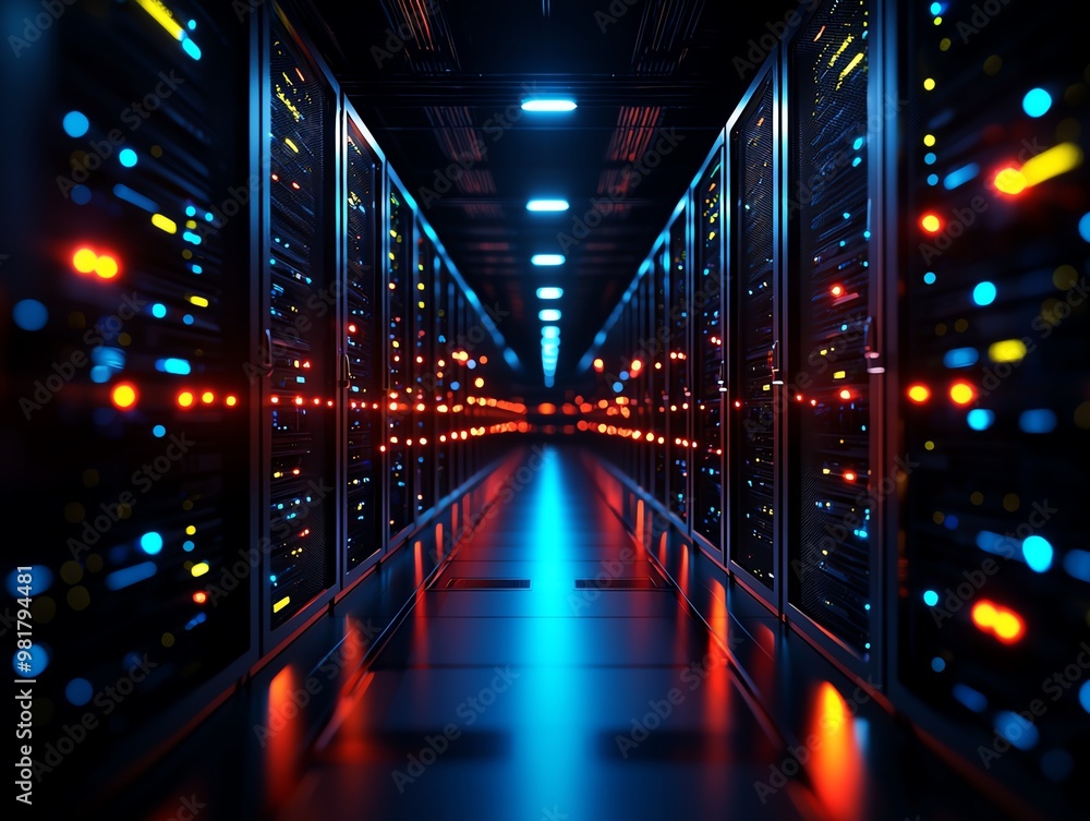 Poster vibrant data center with illuminated servers, showcasing advanced technology in a modern digital env