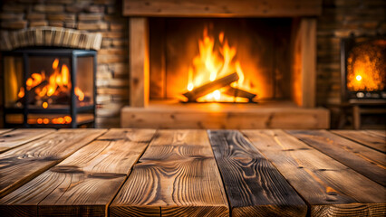 Empty wooden surface with blurred fireplace in background for montage, empty, wooden, surface, blurred