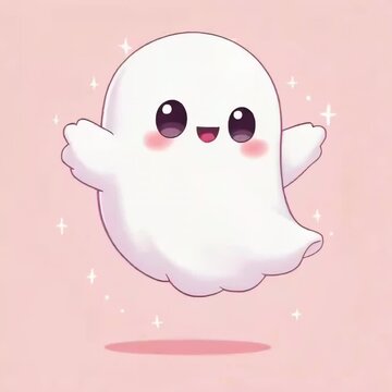 An animation of a cute ghost with a happy expression. pastle video colored background