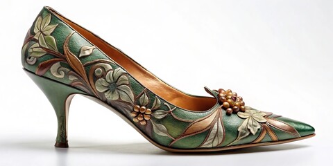 Pointed-toe shoe with curled tip and bell adorned with leaf and flower motifs