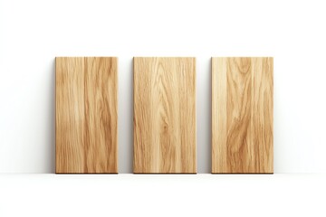 Naklejka premium Three wooden panels displayed vertically against a white background, showcasing natural wood grain texture. Ideal for material or design concepts.