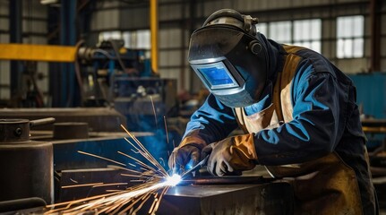 Welder welding metal in factory
