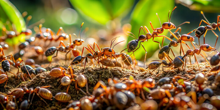 Busy ant colony showcasing a microcosm of nature's interconnected ecosystem, ants, teamwork, nature, colony
