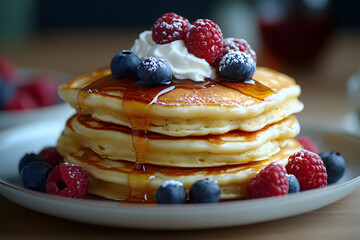 Stack of Fluffy Pancakes Dripping with Maple Syrup, Topped with Fresh Berries and Whipped Cream.