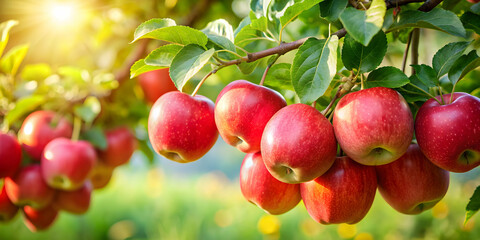 Ripe red apples hanging on a lush green tree branch, apples, tree, orchard, fruit, harvest, healthy, fresh, organic, agriculture