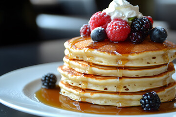 Stack of Fluffy Pancakes Dripping with Maple Syrup, Topped with Fresh Berries and Whipped Cream.