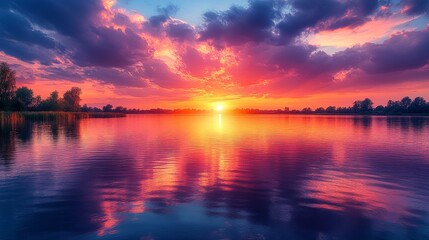 Dramatic Sunset Over Lake With Colorful Clouds Reflection