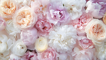 Obraz premium Soft, blooming peonies and roses in pastel shades, adding a delicate and feminine touch