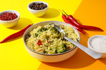 Pilaf in bowl, spoon and spices on yellow background, close up