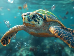 Fototapeta premium Sea Turtle Swimming Through Plastic Pollution