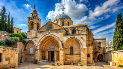 Obraz premium Iconic church in Jerusalem, believed to be the site of Jesus' crucifixion, burial, and resurrection, Church