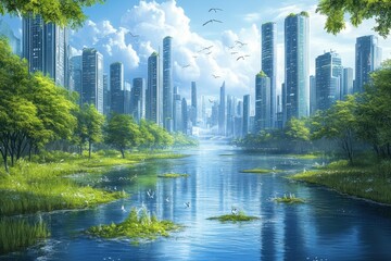 Obraz premium A serene urban landscape with skyscrapers, lush greenery, and a tranquil river.