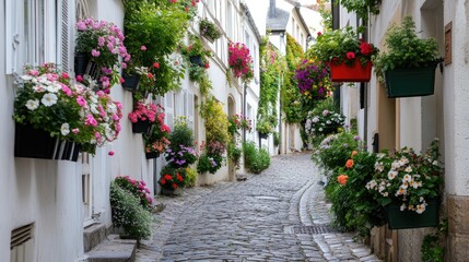 Naklejka premium cobblestone street in a quaint European village, lined with historic buildings and vibrant flower boxes