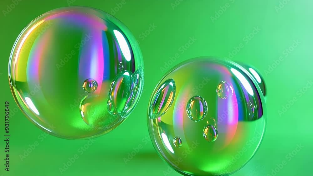 Poster two soap bubbles are floating on a green background, with smaller bubbles trapped inside, creating a
