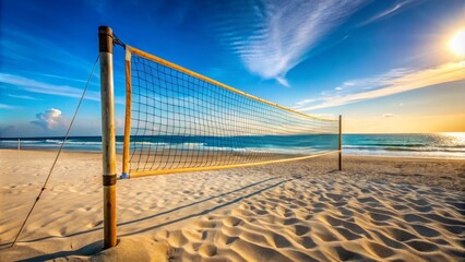 Set against a backdrop of a bright blue sky, a beach volleyball net stretches across soft sand, with