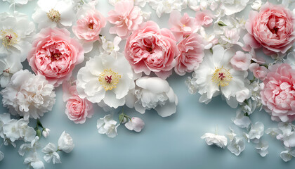 Soft, blooming peonies and roses in pastel shades, adding a delicate and feminine touch