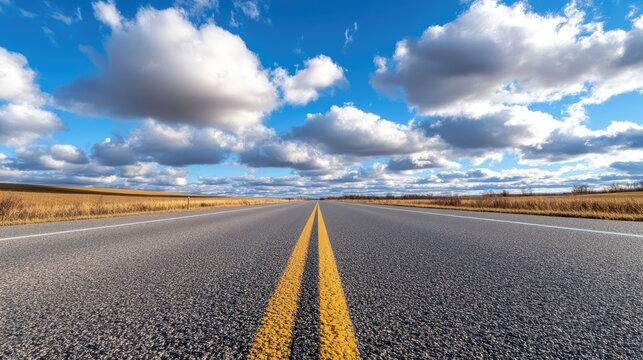 wide open road in the American Midwest stretching towards the horizon under a vast