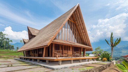 Magnificent Wooden Cabin Nestled in Lush Tropical Landscape with Panoramic Mountain Views