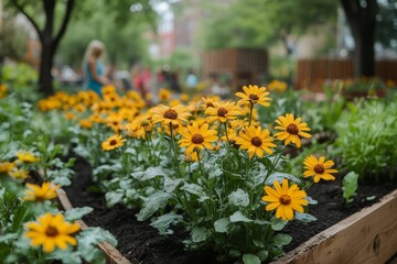 Obraz premium Yellow Flowers In A Garden Bed With Wooden Edging