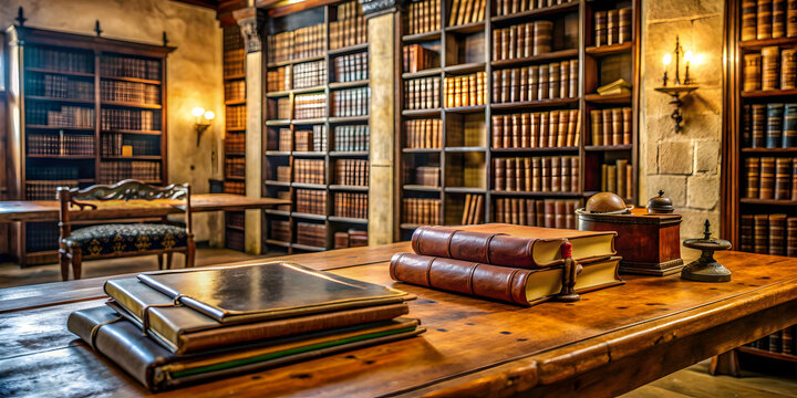 Medieval scriptorium with leather-bound treasures and books , scriptorium, medieval, library