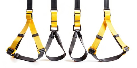 Suspension training equipment with black straps and vibrant yellow handles forms a distinctive logo shape on a crisp