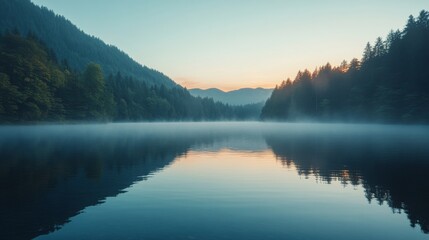 Fototapeta premium Tranquil Mountain Lake at Sunset with Mist and Reflections