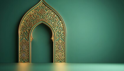 3D rendering of an Islamic arch with lanterns hanging on the sides. The background is dark blue, and there's wooden flooring 