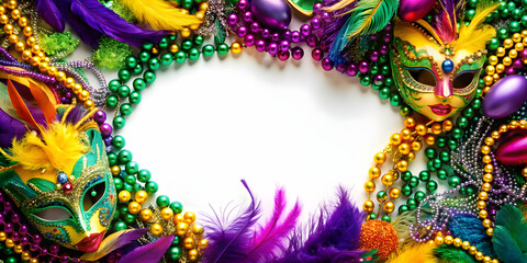 Colorful border for a Mardi Gras event with feathers, masks, and beads, Mardi Gras, celebration,...